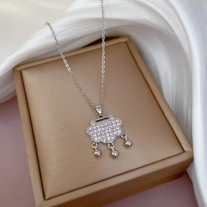 Zircon Longevity Lock Pendant,  Stainless Steel Necklace 