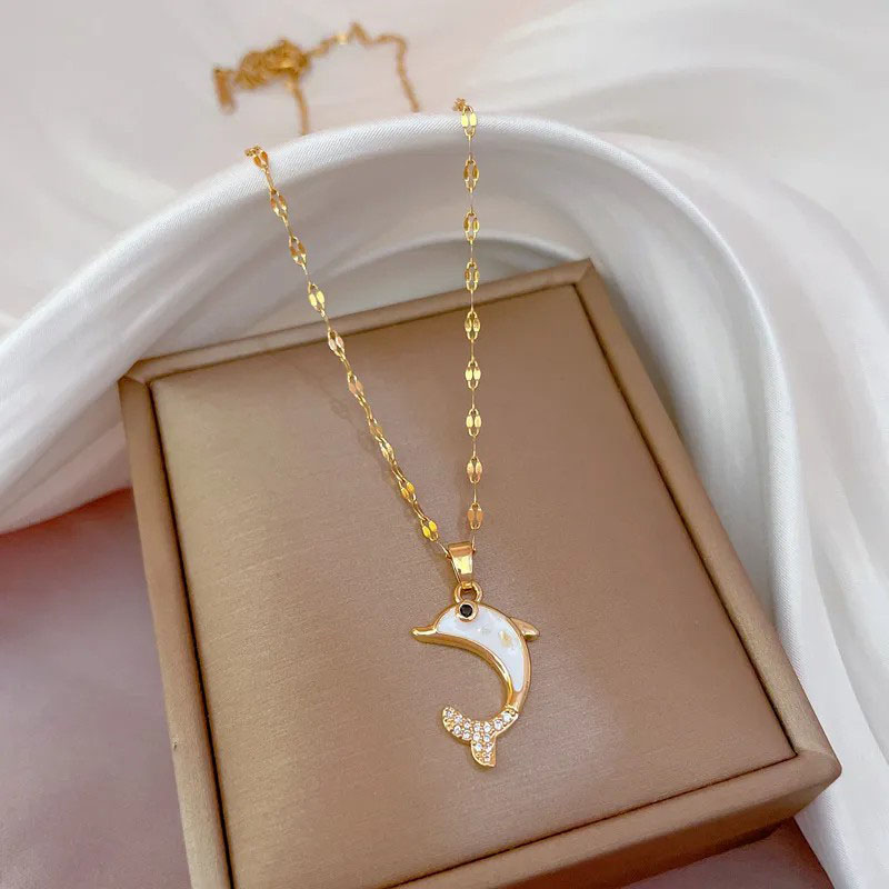 Dolphin Pendant, Rhinestone Inlaid, Stainless Steel Necklace 