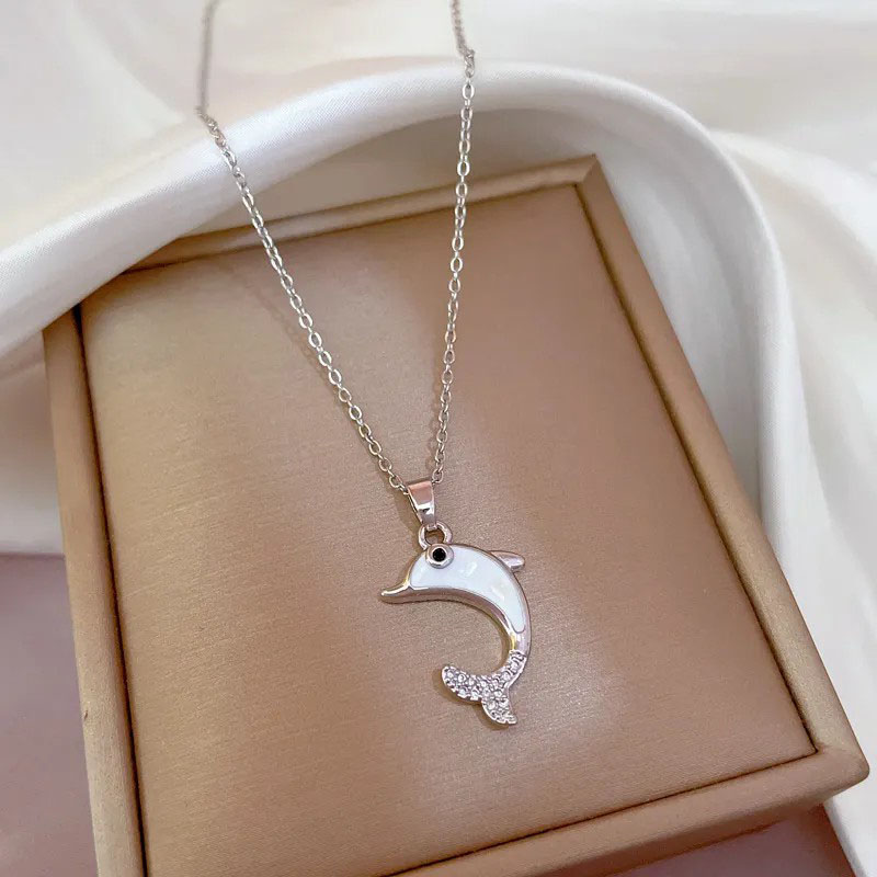 Dolphin Pendant, Rhinestone Inlaid, Stainless Steel Necklace 
