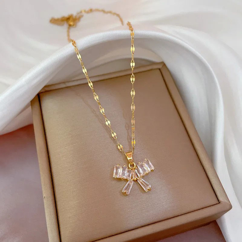 Rhinestone Inlaid, Bowkont, Stainless Steel Necklace 