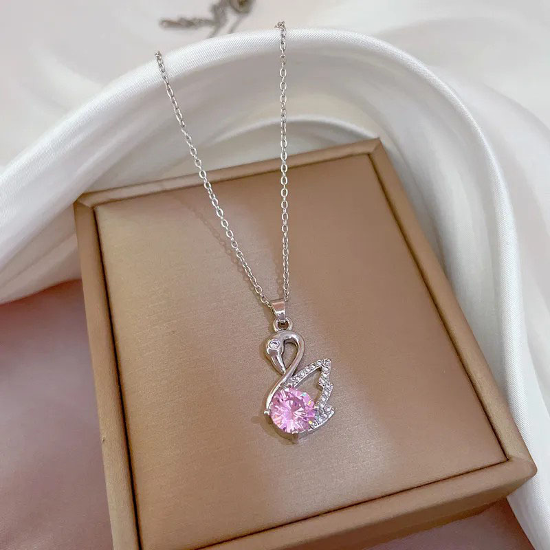 Swan, Rhinestone Inlaid, Stainless Steel Necklace 