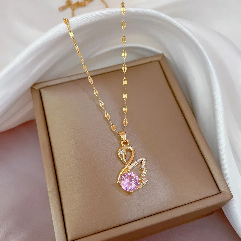 Swan, Rhinestone Inlaid, Stainless Steel Necklace 