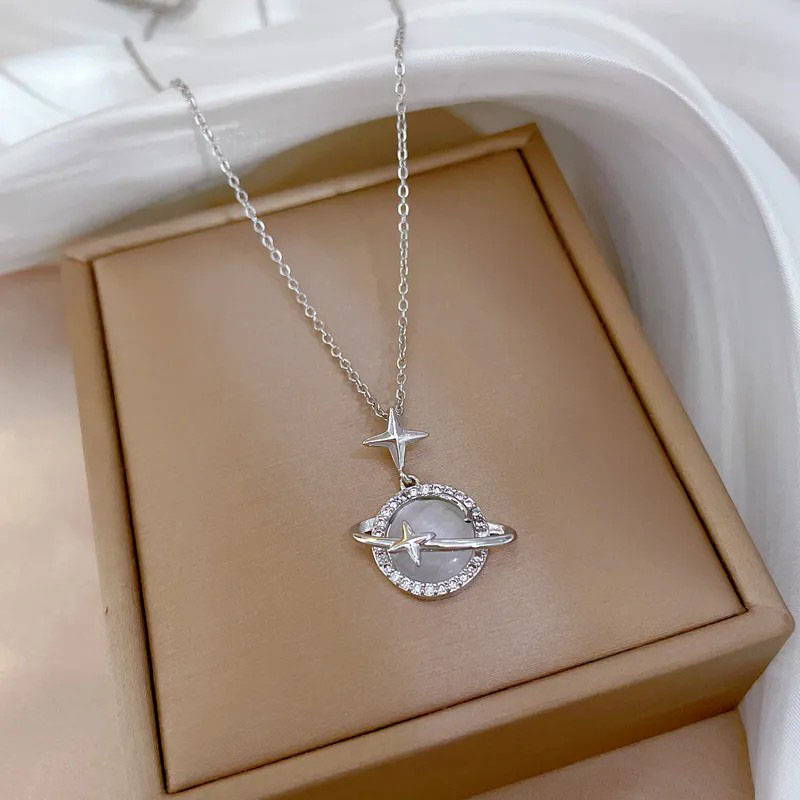  Inlaid Zircon, Planet, Titanium Steel Necklace