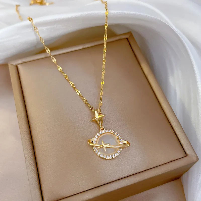  Inlaid Zircon, Planet, Titanium Steel Necklace