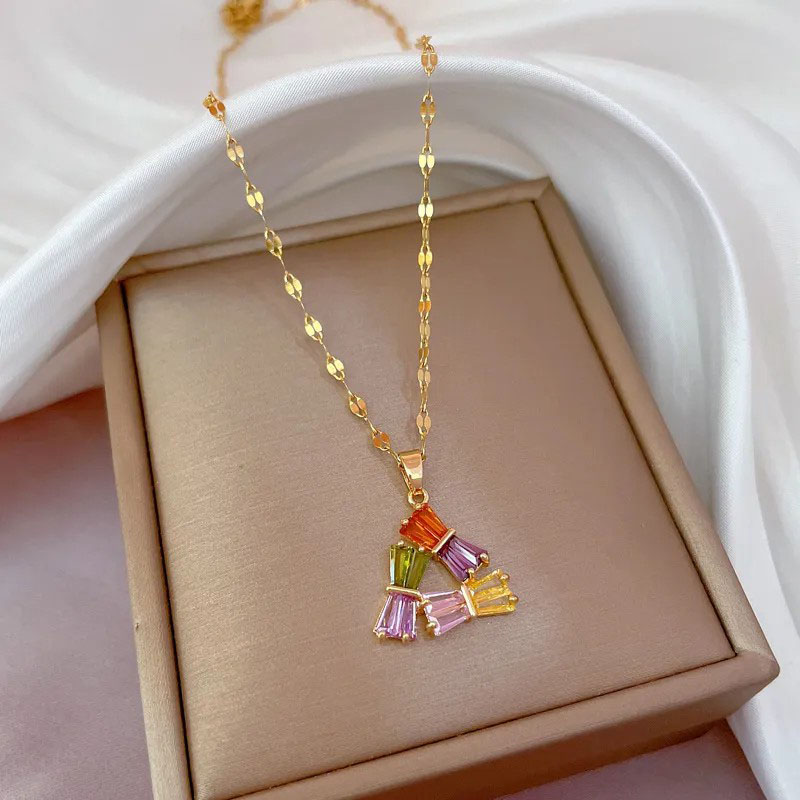  Inlaid Colorful Zircon, Titanium Steel Necklace