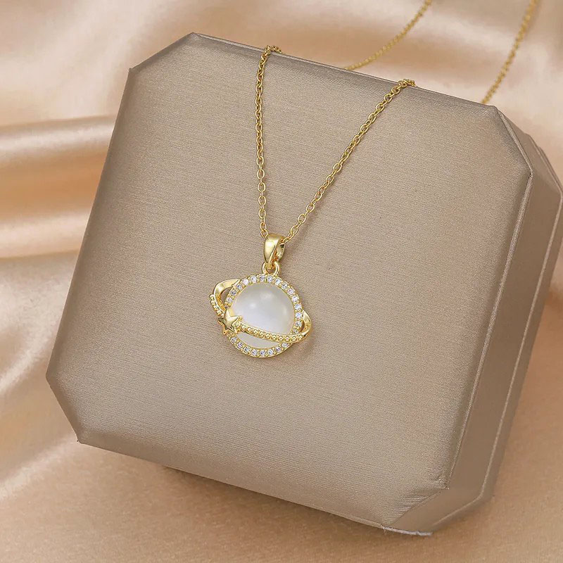 Planet, Rhinestone Inlaid, Stainless Steel Necklace