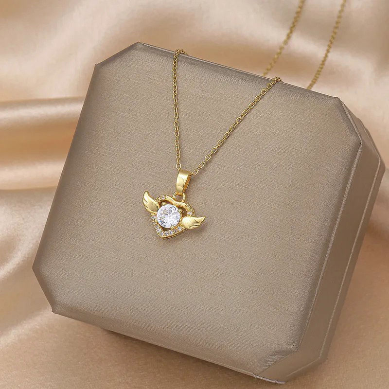 Heart Wings, Rhinestone Inlaid, Stainless Steel Necklace