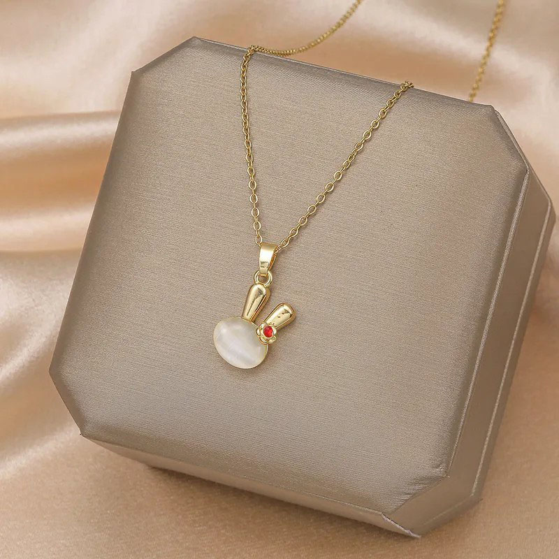 Opal Bunny, Zircon Pendent, Stainless Steel Necklace