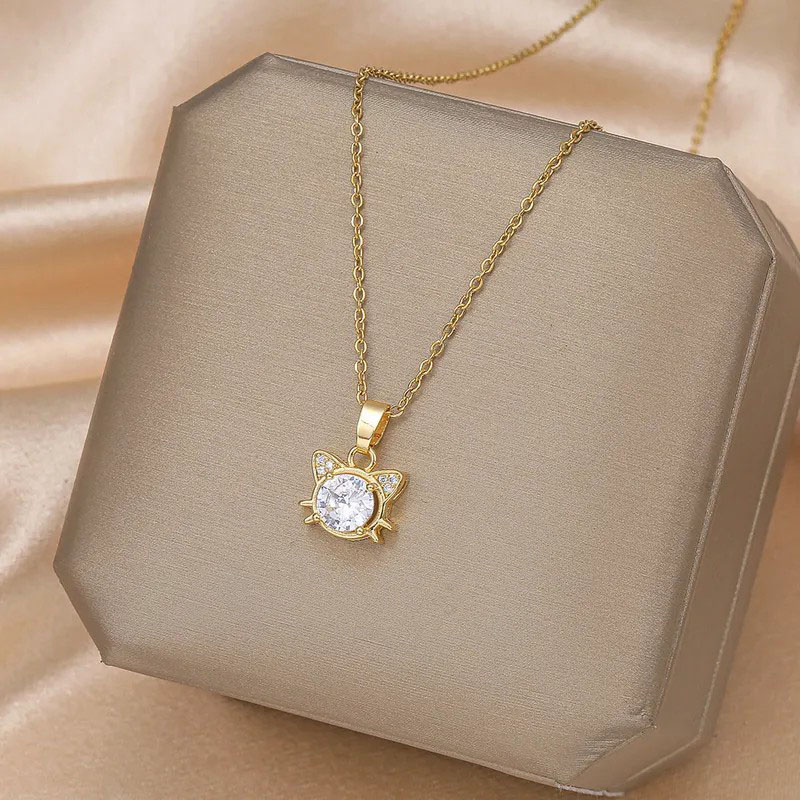 Cute Cat, Zircon Inlaid, Stainless Steel Necklace