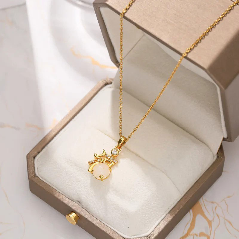 Fu Character, Rhinestone Inlaid, Stainless Steel Necklace