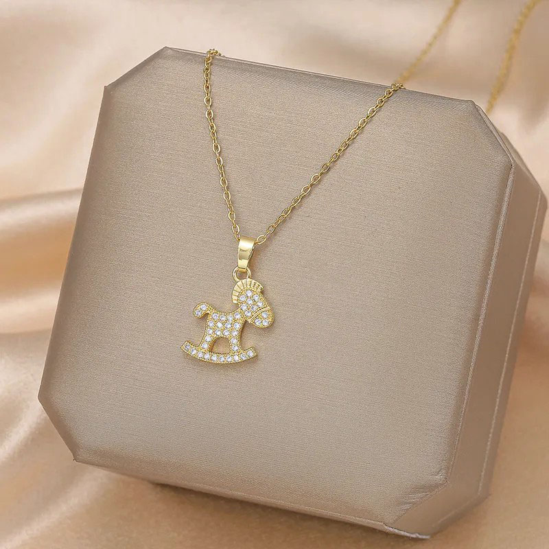 Wooden Horse, Zircon Inlaid, Stainless Steel Necklace
