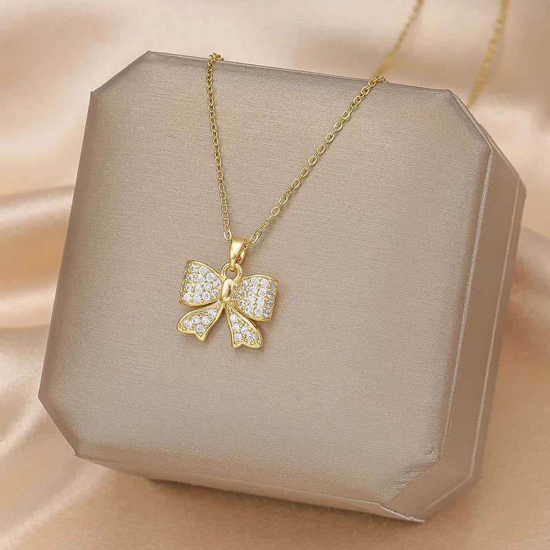 bowkont, zircon inlaid, stainless steel necklace