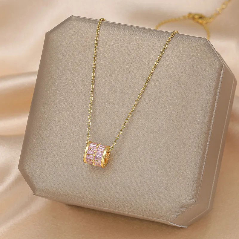 Inlay Artificial Gemstones, Titanium Steel Pendant Necklace