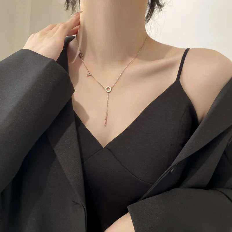 Inlay Artificial Gemstones, Titanium Steel Pendant Necklace