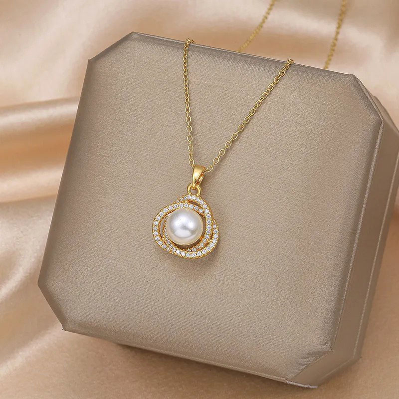 Pearl, Zircon Inlaid, Stainless Steel Necklace