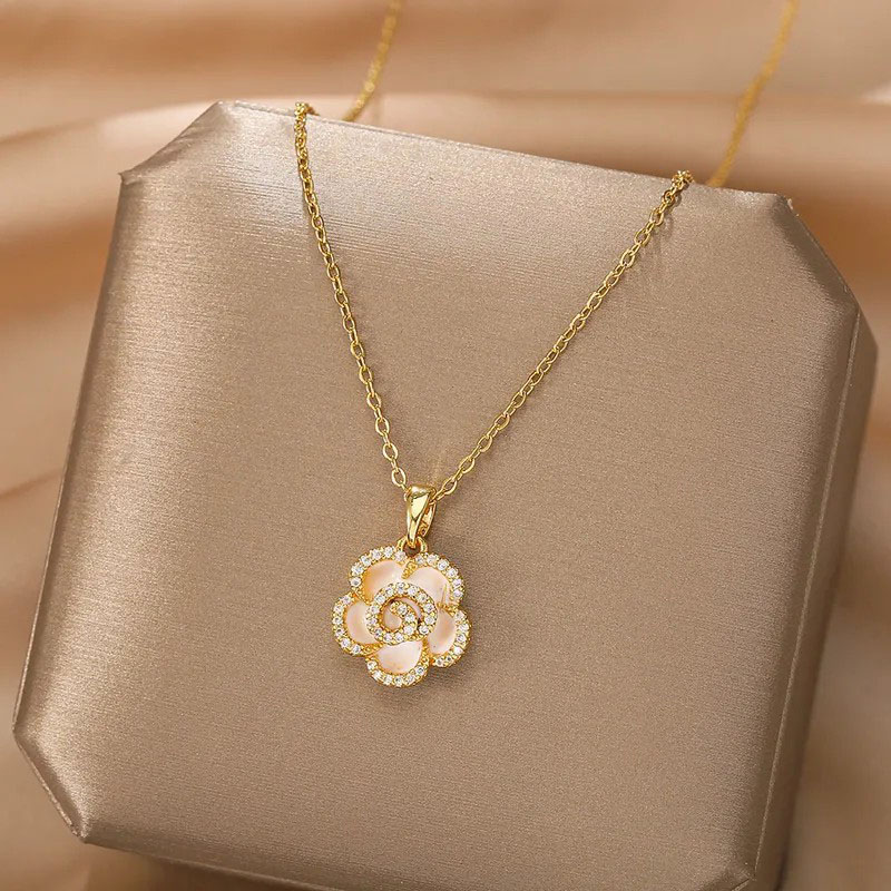 White Camellia, Stainless Steel Necklace