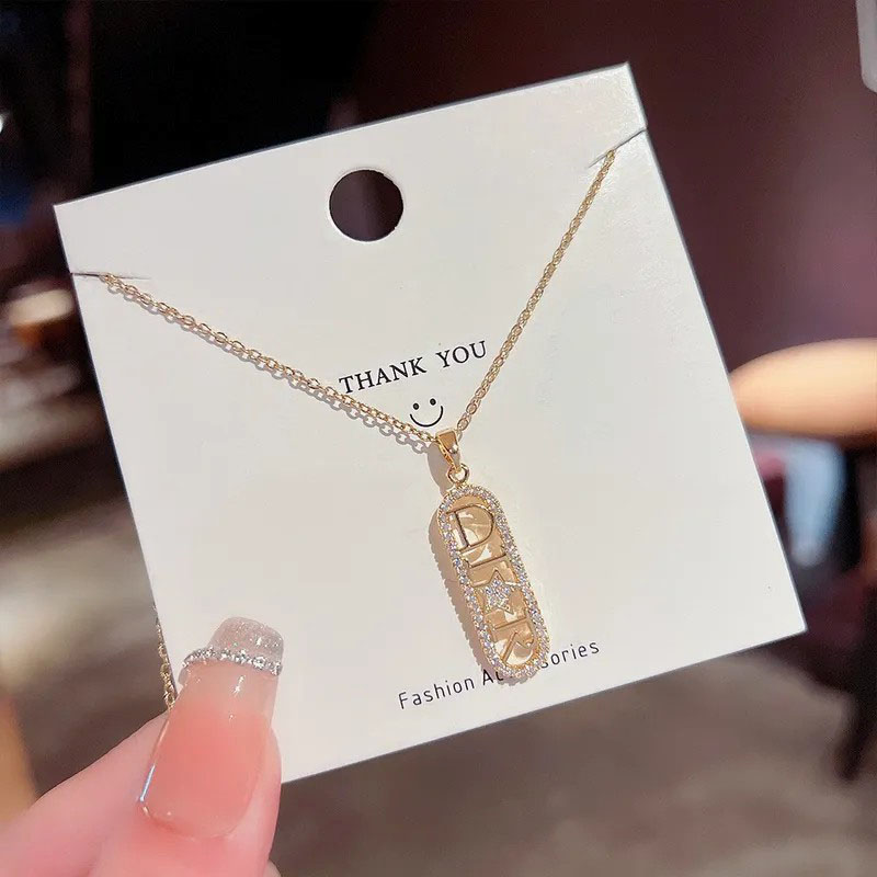 square with letter, zircon inlaid, stainless steel necklace