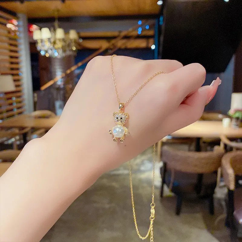 bear, pearl, zircon inlaid, stainless steel necklace