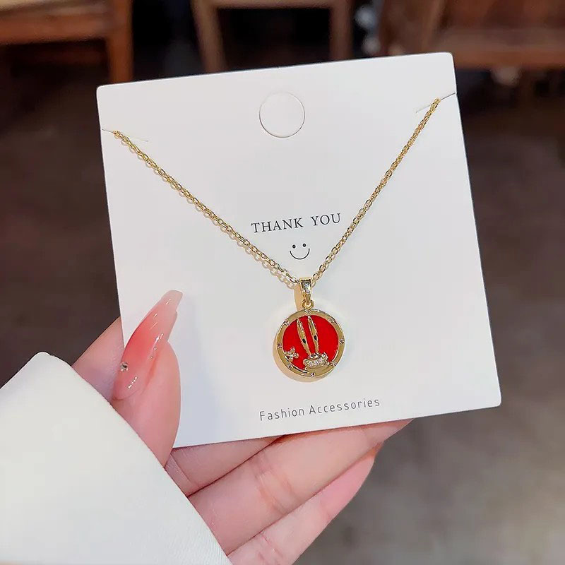 Round, Enamel Red Shell, Rabbit, Steel Necklace