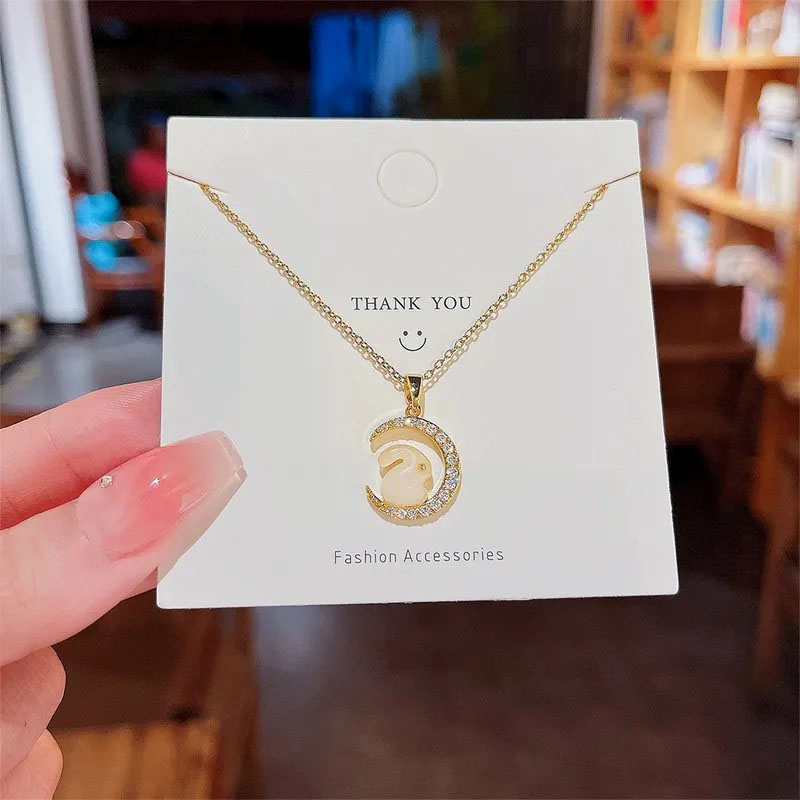diamond moon, rabbit, stainless steel necklace