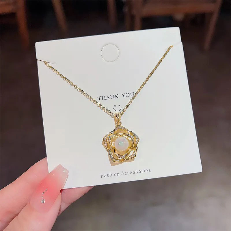 Flower, Zircon Inlaid, Pearl, Stainless Steel Necklace