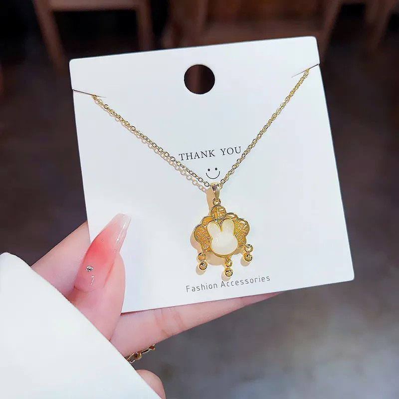 Longevity Lock Rabbit Pendant, Rhinestone Inlaid, Stainless Steel Necklace