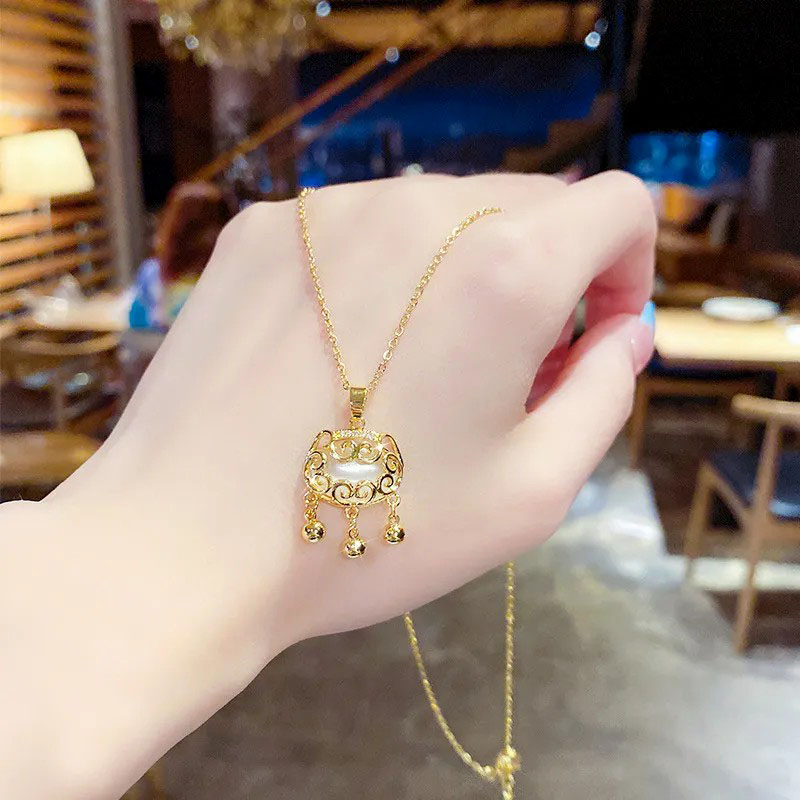  Longevity Lock, Zircon Inlaid, Stainless Steel Necklace