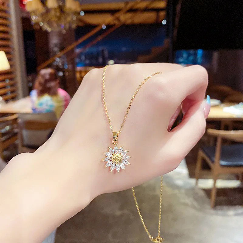 flower, zircon inlaid, stainless steel necklace