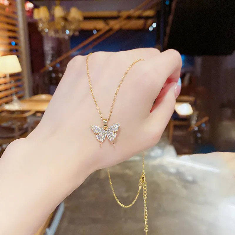 full diamond, butterfly pendent, stainless steel necklace