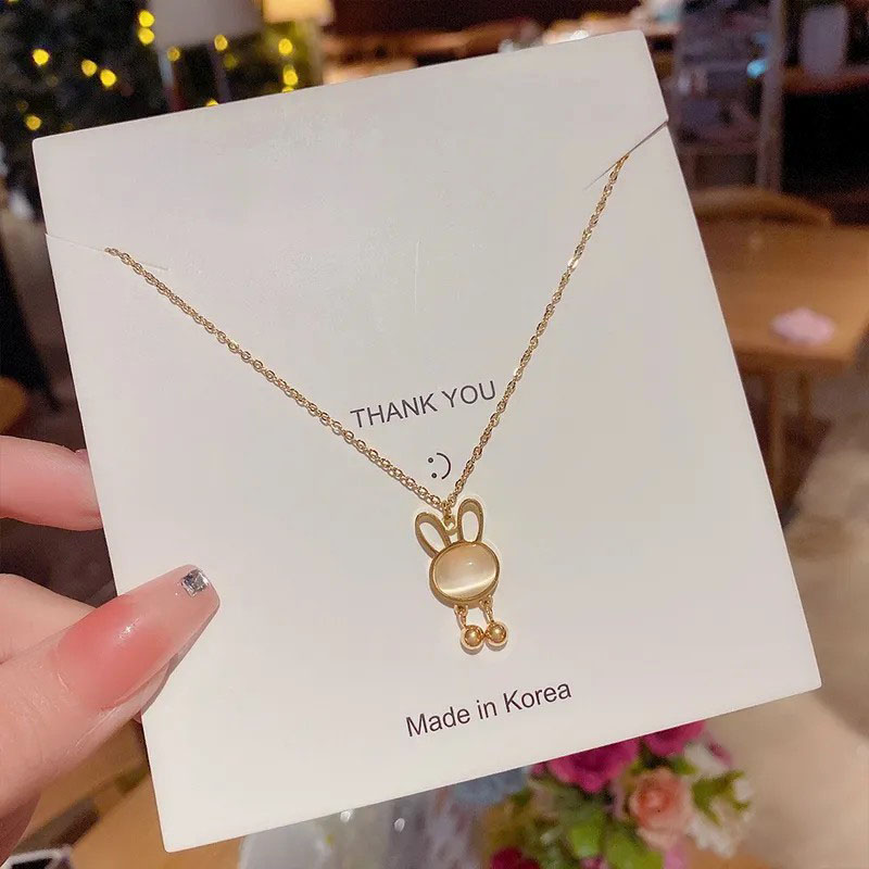 rabbit, rhinestone inlaid, stainless steel necklace