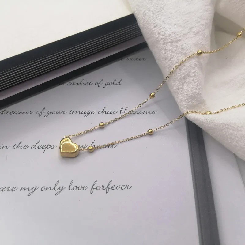 Heart-Shaped, Ball Bead Chain, Gold Necklace