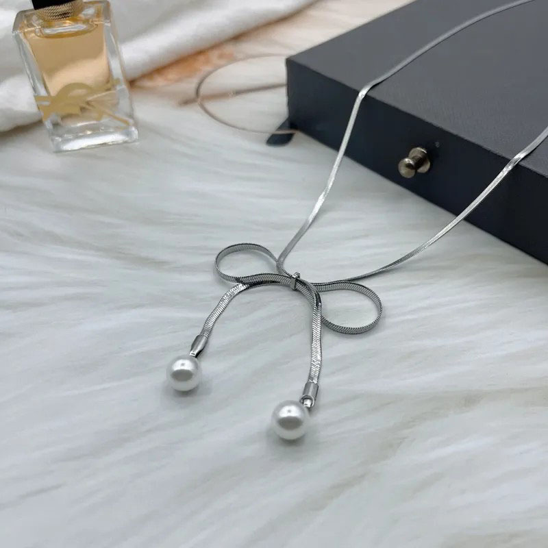 Bowknot, Pearl Tassel, Stainless Steel Necklace