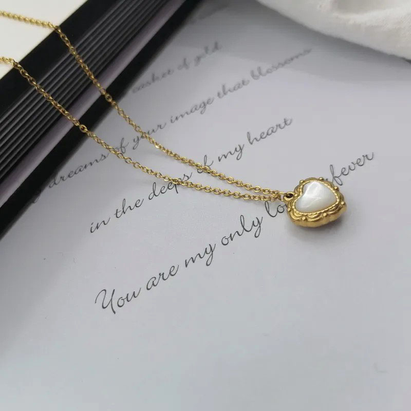 Heart-Shaped, White Shell Inlaid, Stainless Steel Necklace