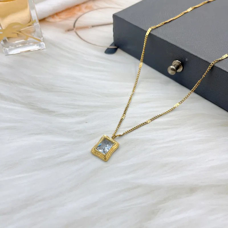  Rock Candy Square, Diamond Inlaid, Stainless Steel Necklace