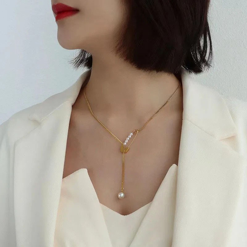 Pearl Pin, Stainless Steel Necklace