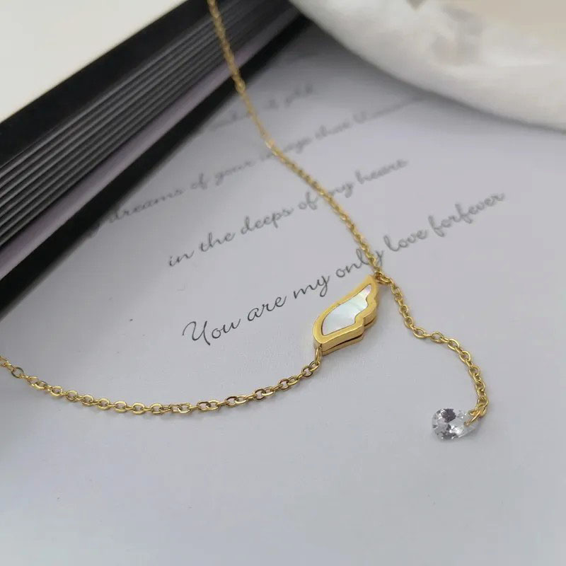 Folding Wings, White Shell Wings, Stainless Steel Necklace
