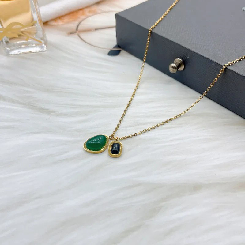 Black Green Rhinestone, Double Pendant, Stainless Steel Necklace