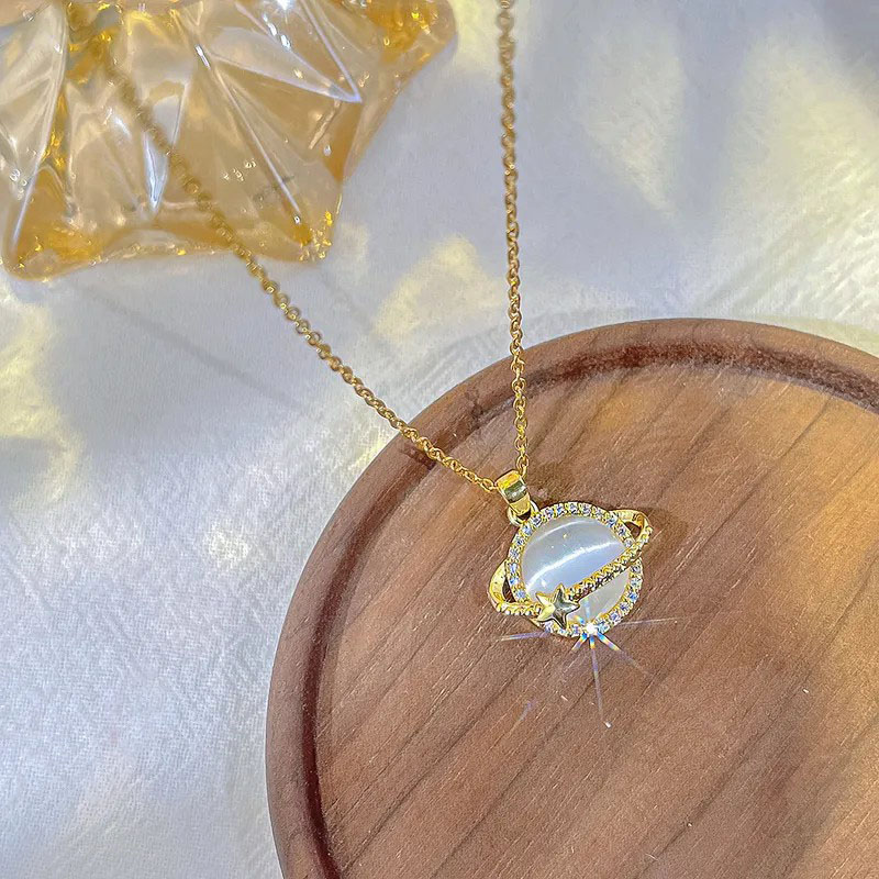 Opal Planet, Zircon Inlaid, Stainless Steel Necklace