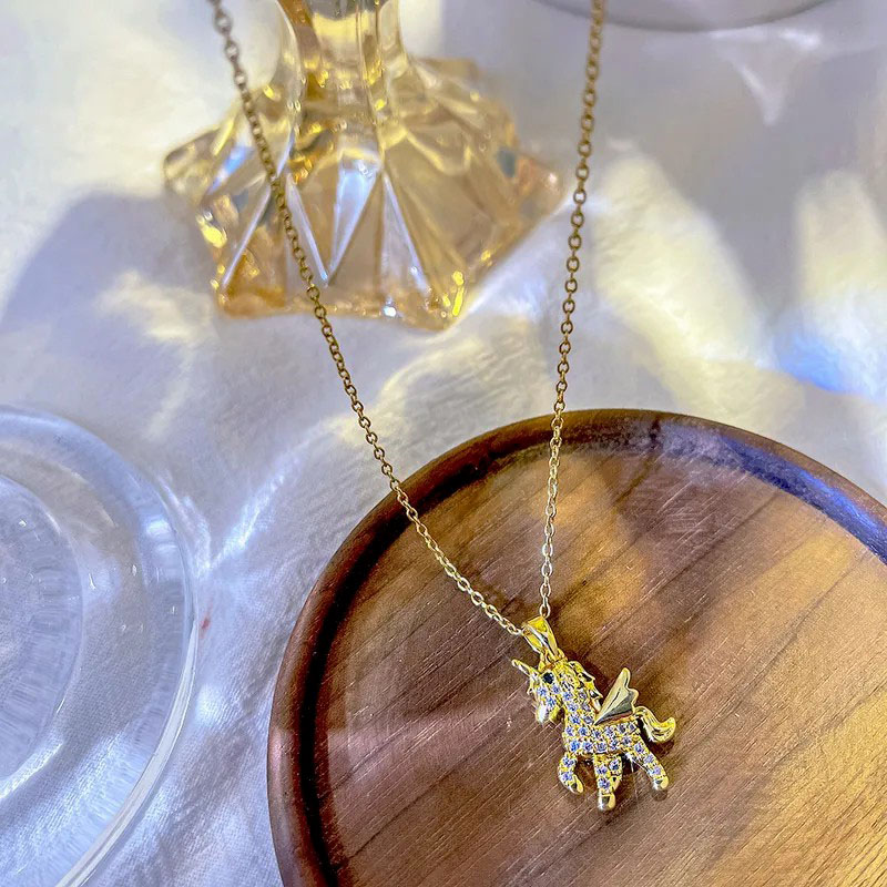 Unicorn, Zircon Inlaid, Stainless Steel Necklace