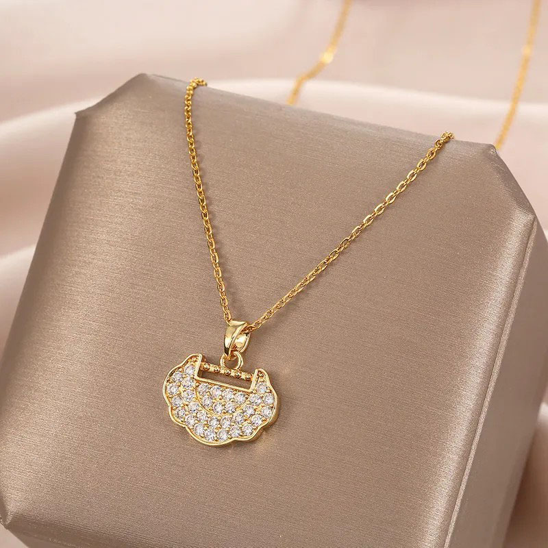 Safety Lock, Zircon Inlaid, Stainless Steel Necklace