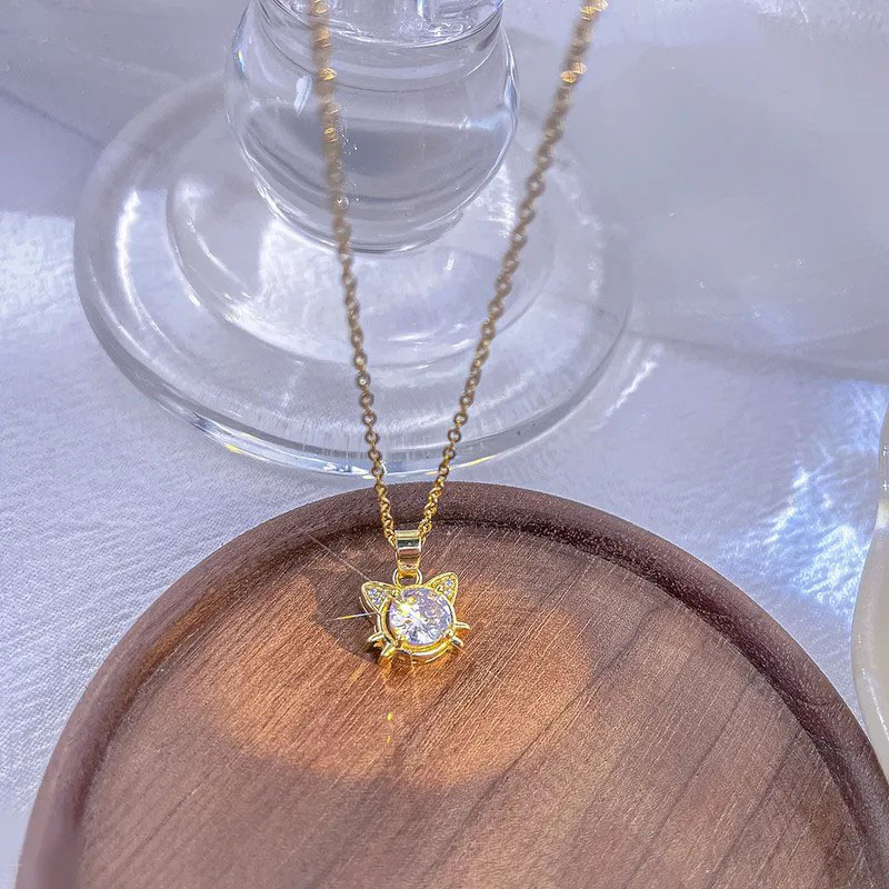 Kitty, Zircon Inlaid, Stainless Steel Necklace