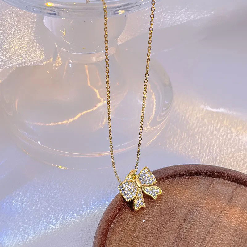 Bow Knot, Full Diamond, Stainless Steel Necklace