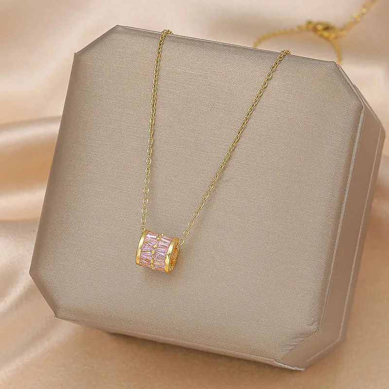Pink Waist, Zircon Inlaid, Stainless Steel Necklace
