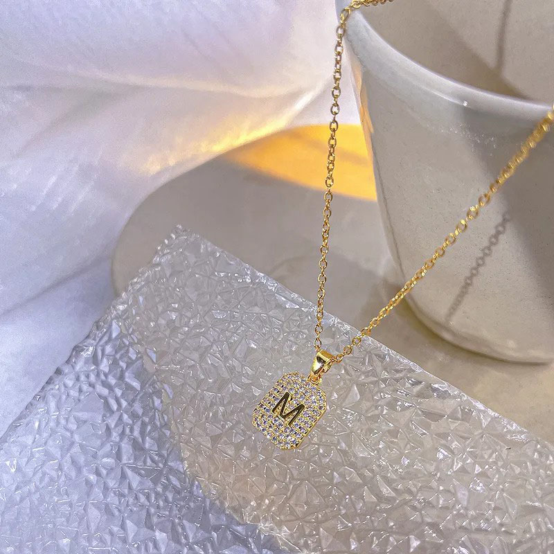 M Letter Card, Zircon Stainless Steel Necklace