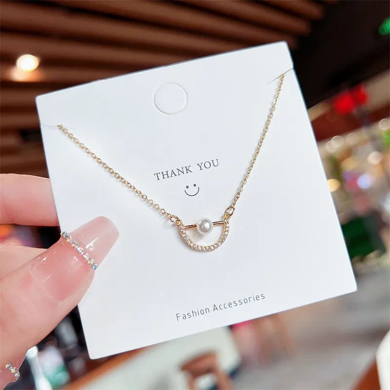 pearl, hollow semicircle, zircon necklace