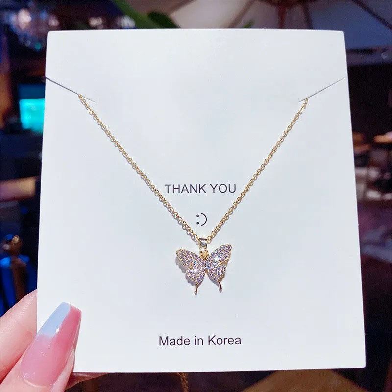 zircon inlaid, butterfly pendent, stainless steel necklace
