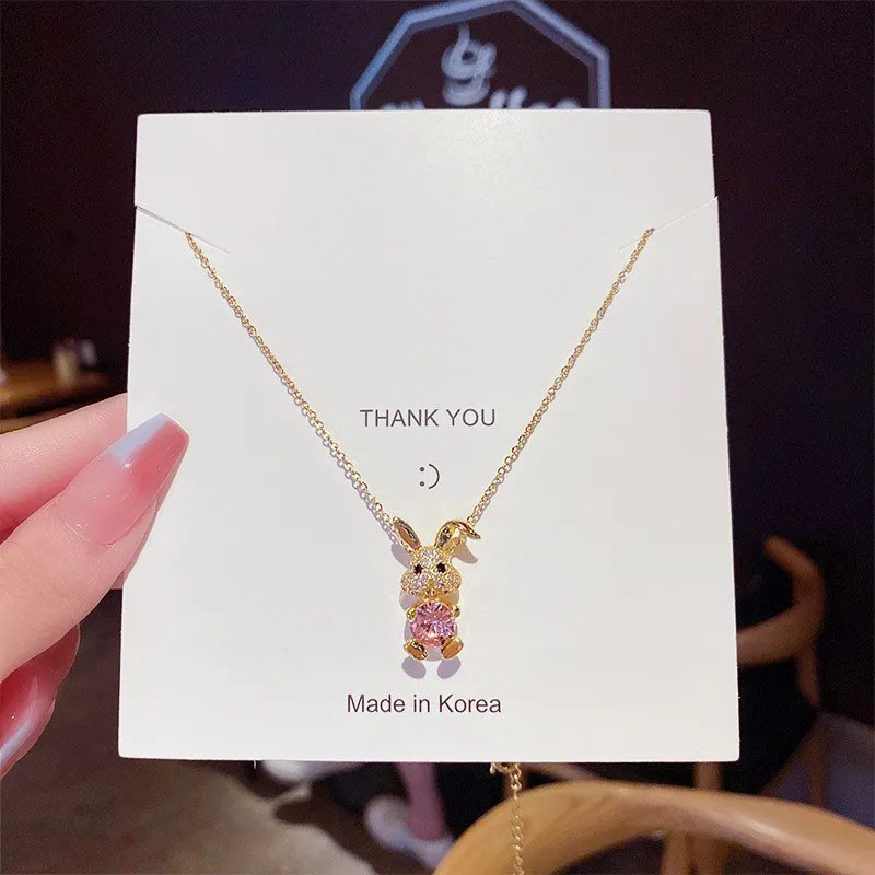 rabbit, pink zircon, stainless steel necklace