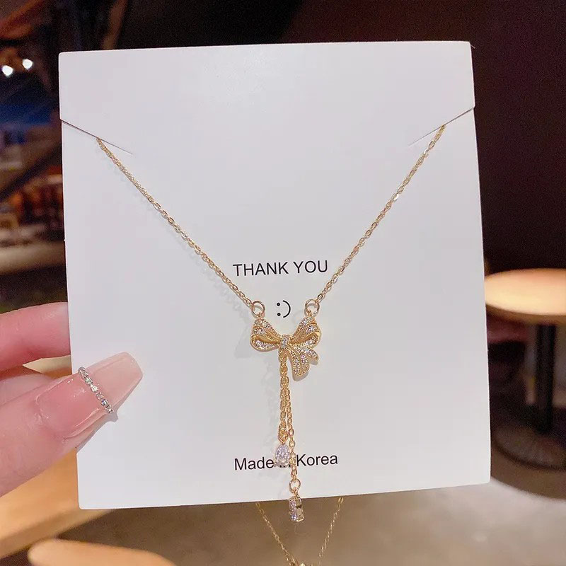 bowknot, zircon tassel, stainless steel necklace