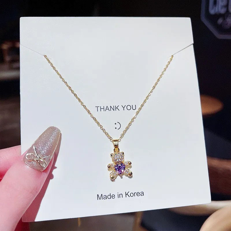 bear, purple zircon heart, stainless steel necklace