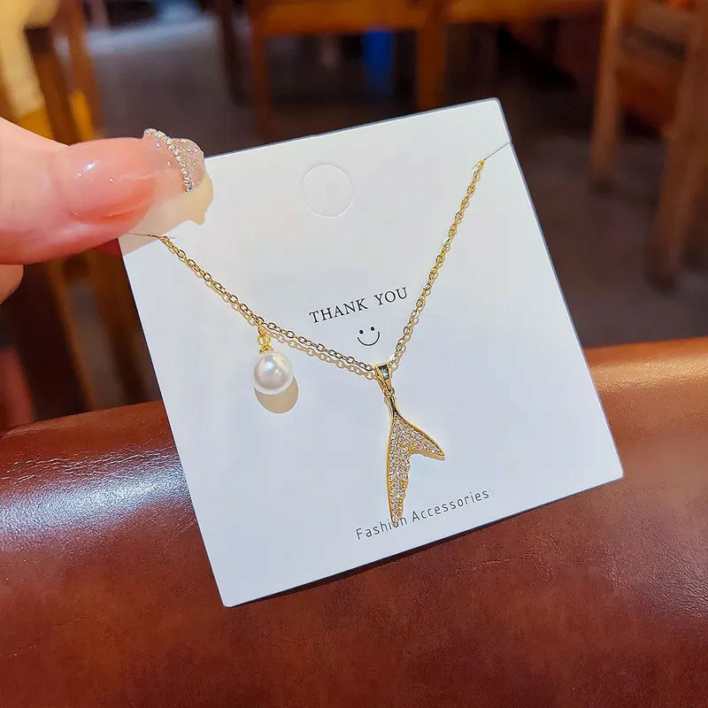 pearl, fishtail, zircon inlaid, stainless steel necklace